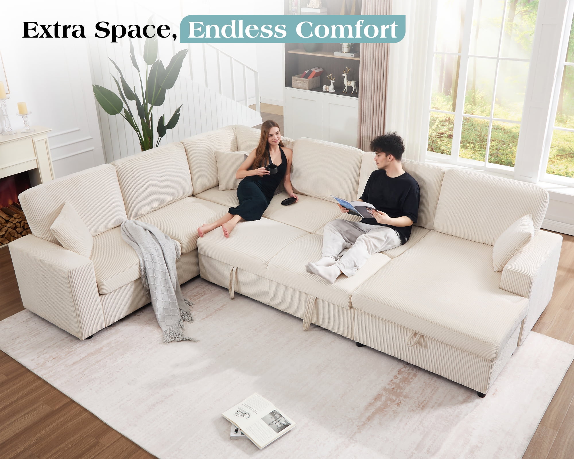 VanAcc 130" Sofa Bed, Sectional Sleeper Sofa with Pull Out Bed, Sleeper Couch with Storage, 6 Seater Couch for Living Room, Corduroy Beige