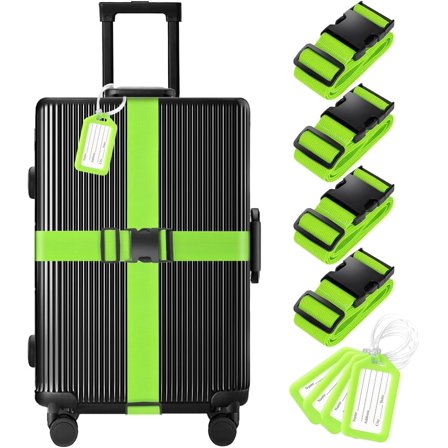 8 Pack Luggage Straps and Tags Set - 4 Straps, 4 Tags, TSA Approved Suitcase Belt, Green