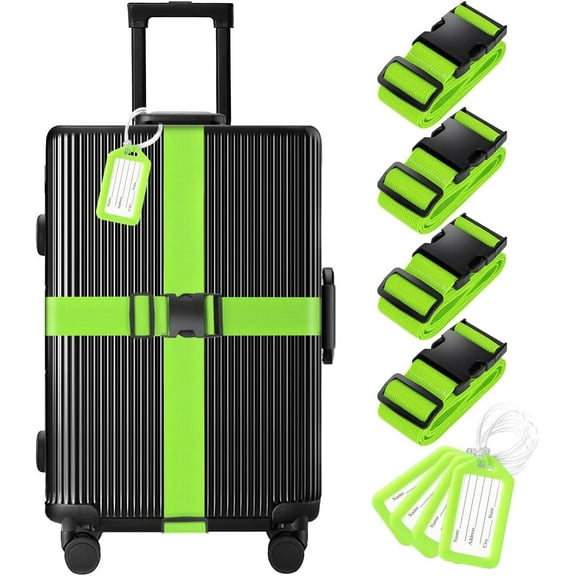 8 Pack Luggage Straps and Tags Set - 4 Straps, 4 Tags, TSA Approved Suitcase Belt, Green