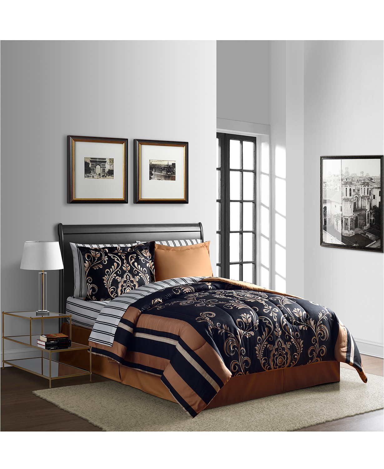 Elegant Black \u0026 Gold Damask Scroll King Comforter Set (8 Piece Bed in A Bag)