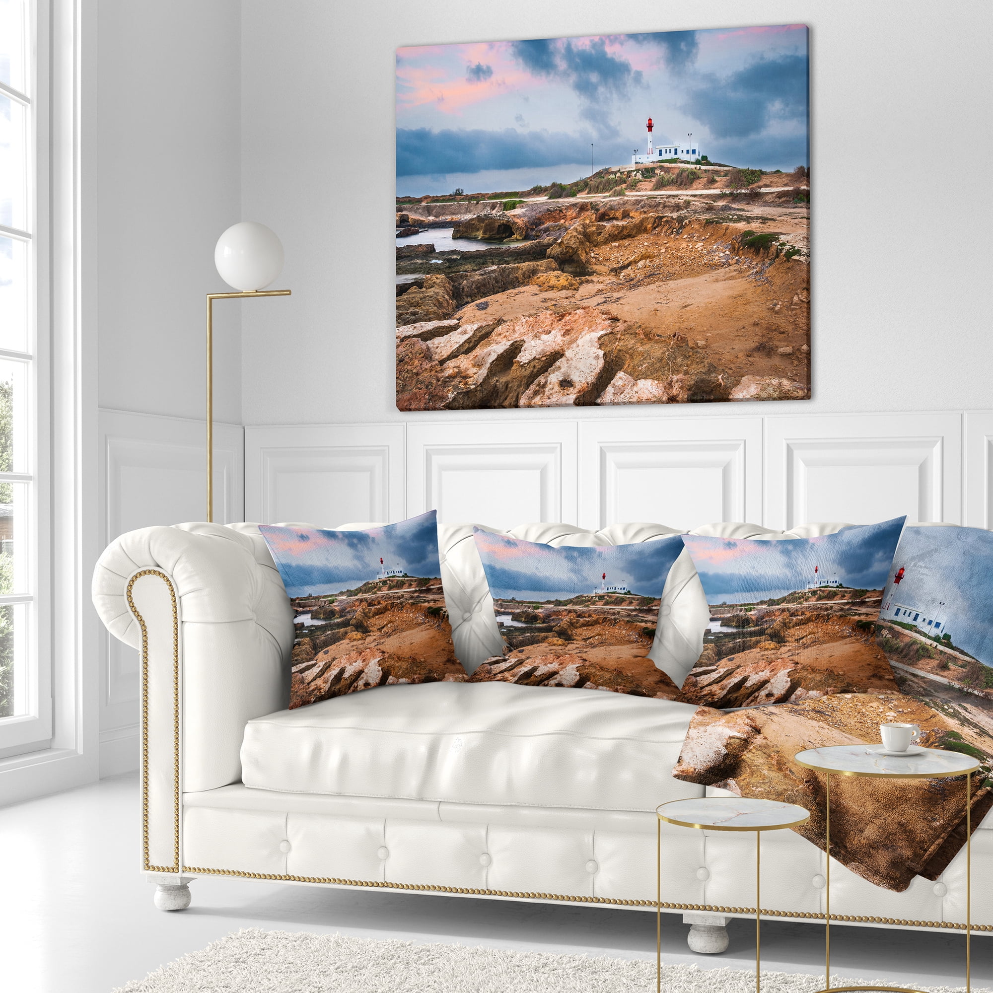 Designart Remote Lighthouse on the Rocks - Landscape Printed Throw Pillow - 16x16