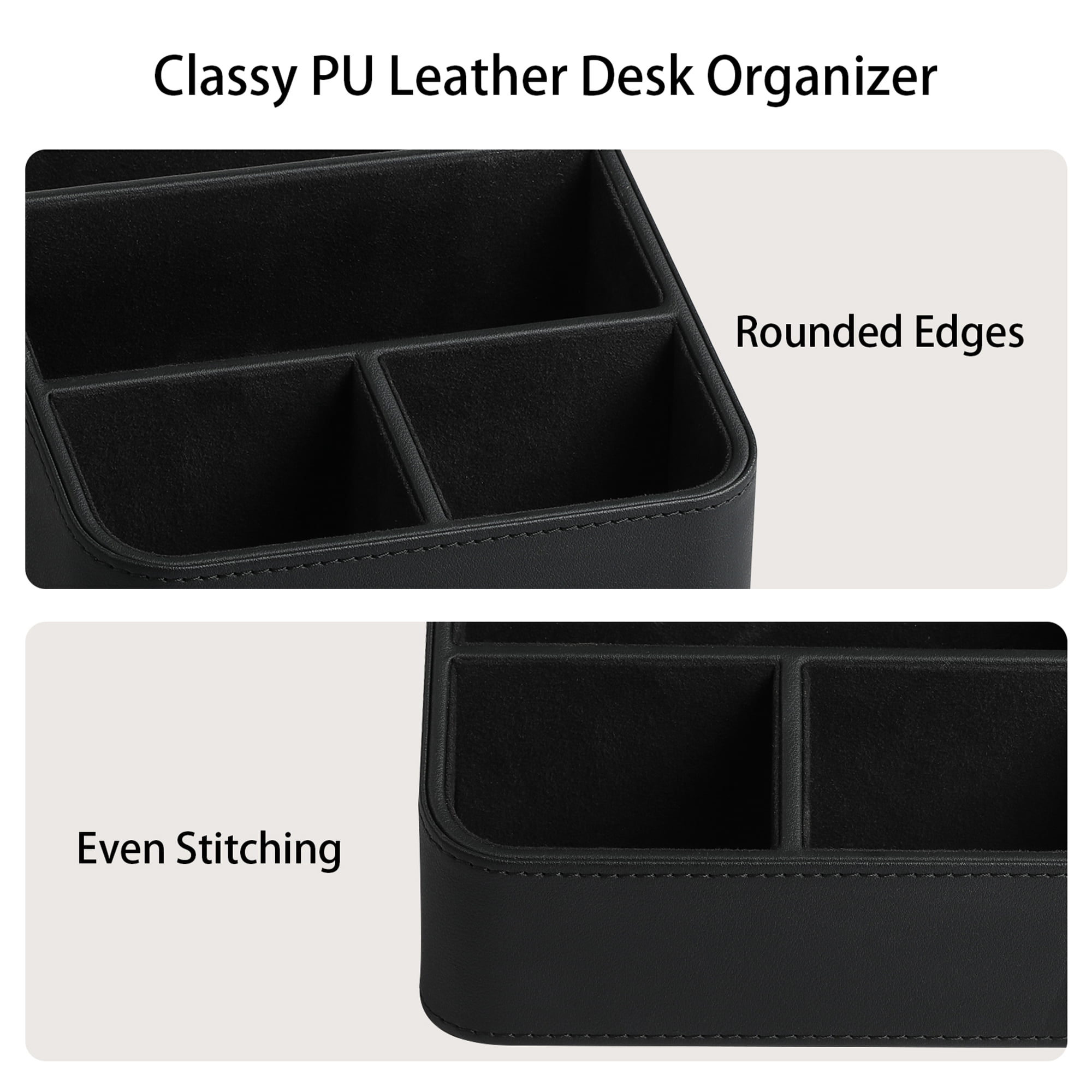 Remote Control Holder, PU Leather Small Desk Organizer Stylish Cute Desktop Organizer for Home Office Desk Accessories, Remote Caddy Bedside Nightstand Organizer for Women Men (Black)