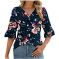 thumbnail image 2 of Ounisa Womens Tops Casual V Neck Shirts Floral Solid Blouse Ruffle Tunics 3/4 Sleeve Tshirt, 2 of 5