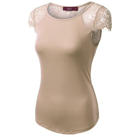 Lace Shift - Doublju Womens Round Neck Cap Sleeve Semi-Sheer Floral Lace Top