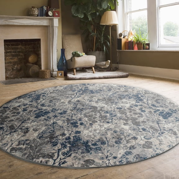 Livigno 1242 Transitional Floral Blue Round Polypropylene Area Rug 7'10" x 7'10"