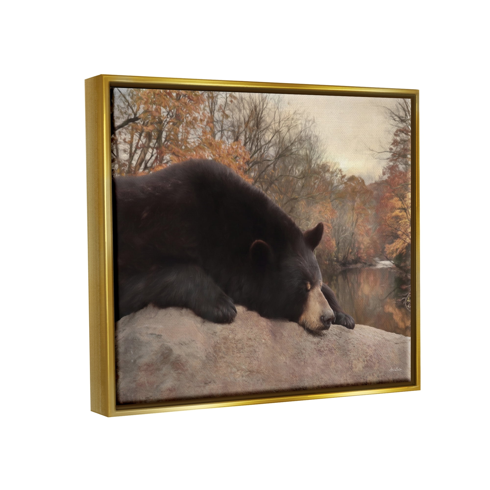 Stupell Resting Bear Autumn Foliage Lake Animals & Insects Photography Gold Floater Framed Art Print Wall Art