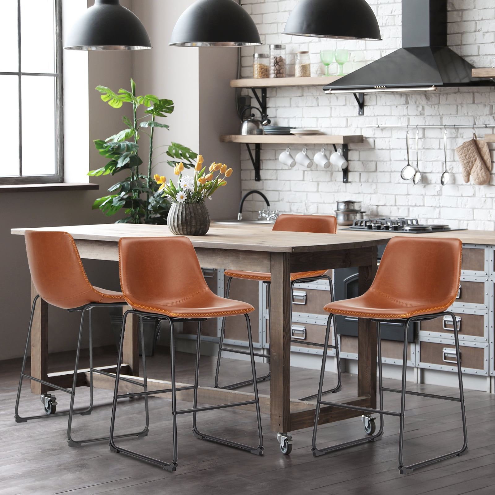 GIANNA Counter Height Bar Stools Set of 4, Faux Leather, Back and Metal Leg, 26 inch Height, for Home Kitchen Office, Brown