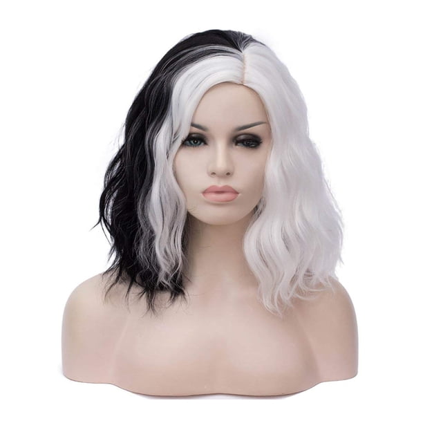 Peluca Peluca blanca y negra Pelucas sintéticas onduladas cortas Pelucas cortas onduladas por encima del hombro Mujeres Explosión completa Resistente al calor para Halloween Magic Show Cosplay Irfora Peluca
