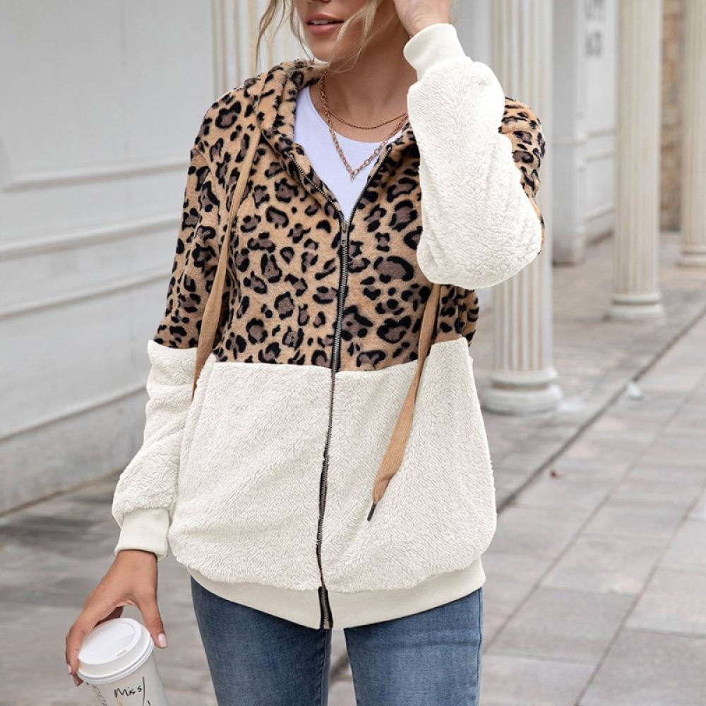 Womens Long Sleeve Hooded Leopard Print Pullover Loose Hoodie Dress with Pocket