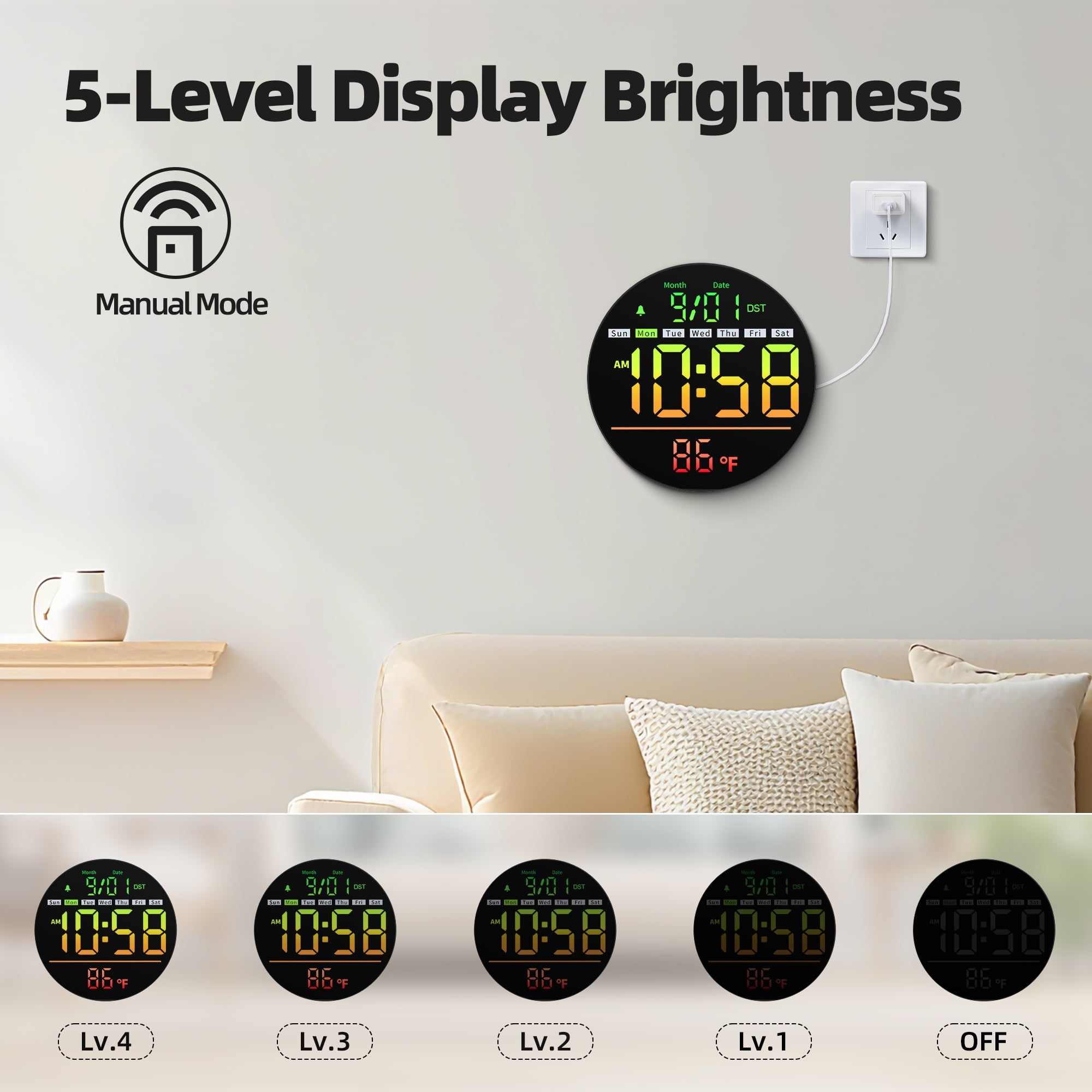 LEIKE 8" LED Large Digital Wall Clock Large Numbers, Plug-in Digital Alarm Clock with Remote for Bedroom, Auto DST, Temperature & Humidity