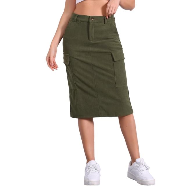 Falda Midi de Corderoy para Mujer Inspire Chic, Cintura Alta, Espalda Elástica, Talla XS, Verde Ejército