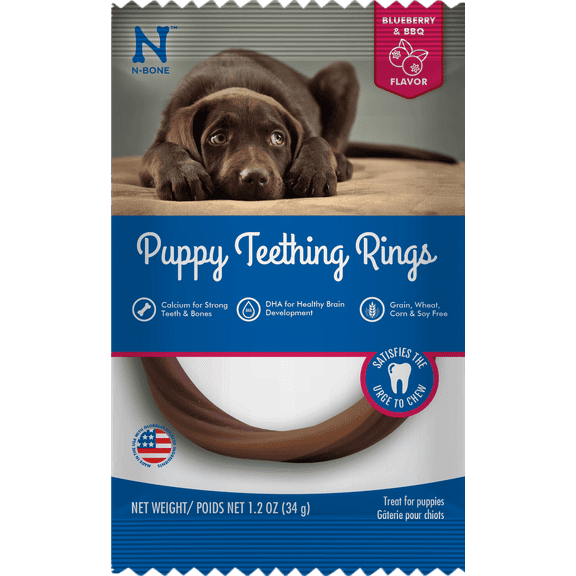 N-Bone Dental Treat Puppy Teething Rings GF Blueberry & BBQ SINGLES IW 1.2 oz