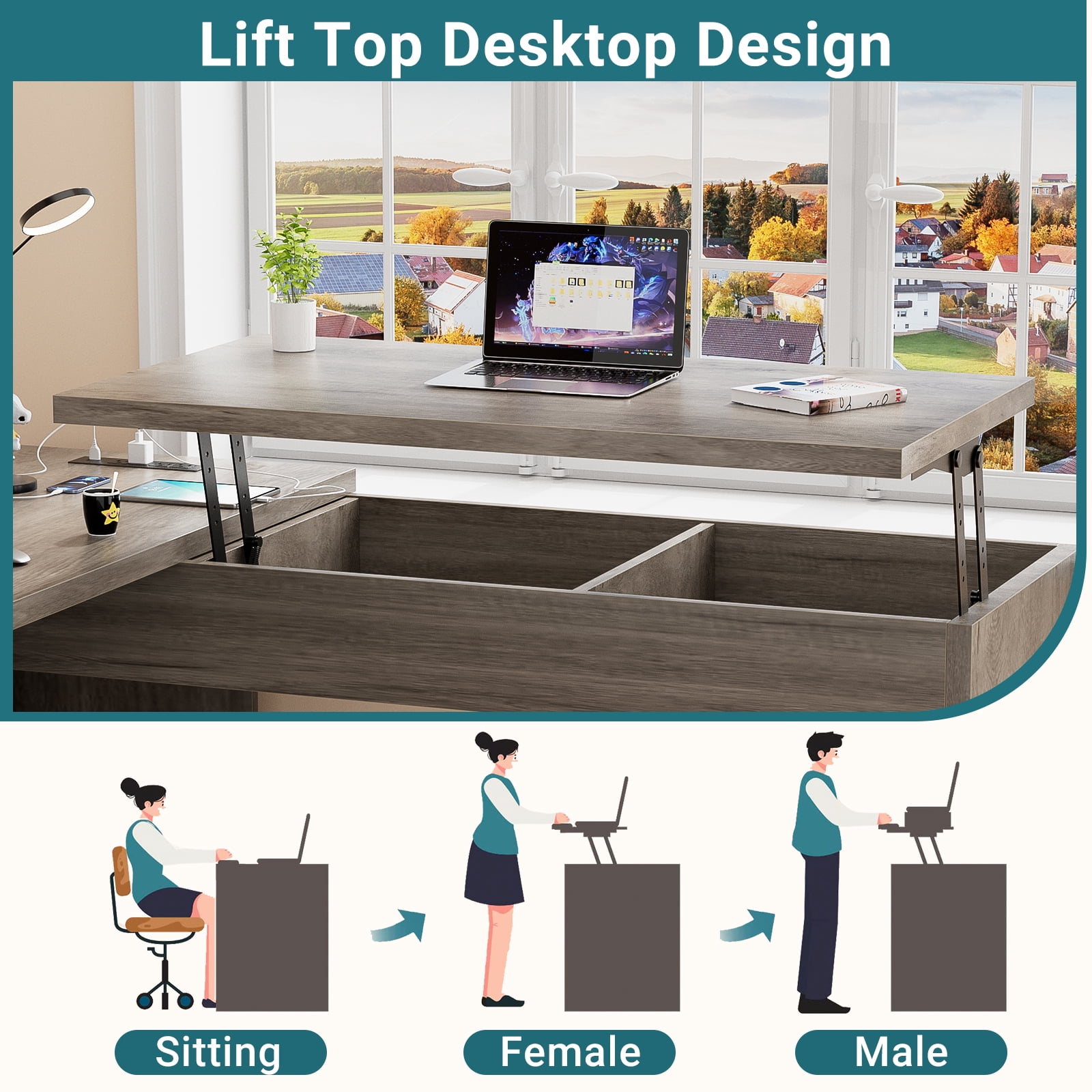 Homieasy L Shaped Desk with Power Outlets and USB Charging Ports, Lift Top Corner Computer Desk with Drawer, Large Office Desk with Storage Shelves, L Shaped Standing Desk for Home Office, Wash Gray
