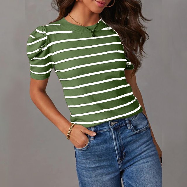 FcBaudy Hauts pour Femmes, Chemises pour Femmes, Blouses à Manches Courtes Col Rond & Chemises Manches Courtes Bouffantes Tricot Tendance Col Rond Rayé T-Shirts Décontractés d'Été Blouses Femmes Blouse
