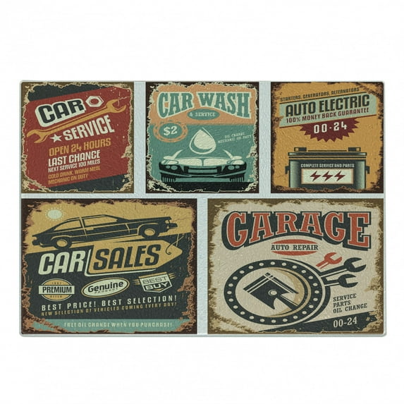 Vintage Cutting Board, Nostalgic Art Auto Service Garage Funk Style Highway Logo Repair Road Grunge Design, Decorative Tempered Glass Cutting and Serving Board, Small Size, Multicolor, by Ambesonne