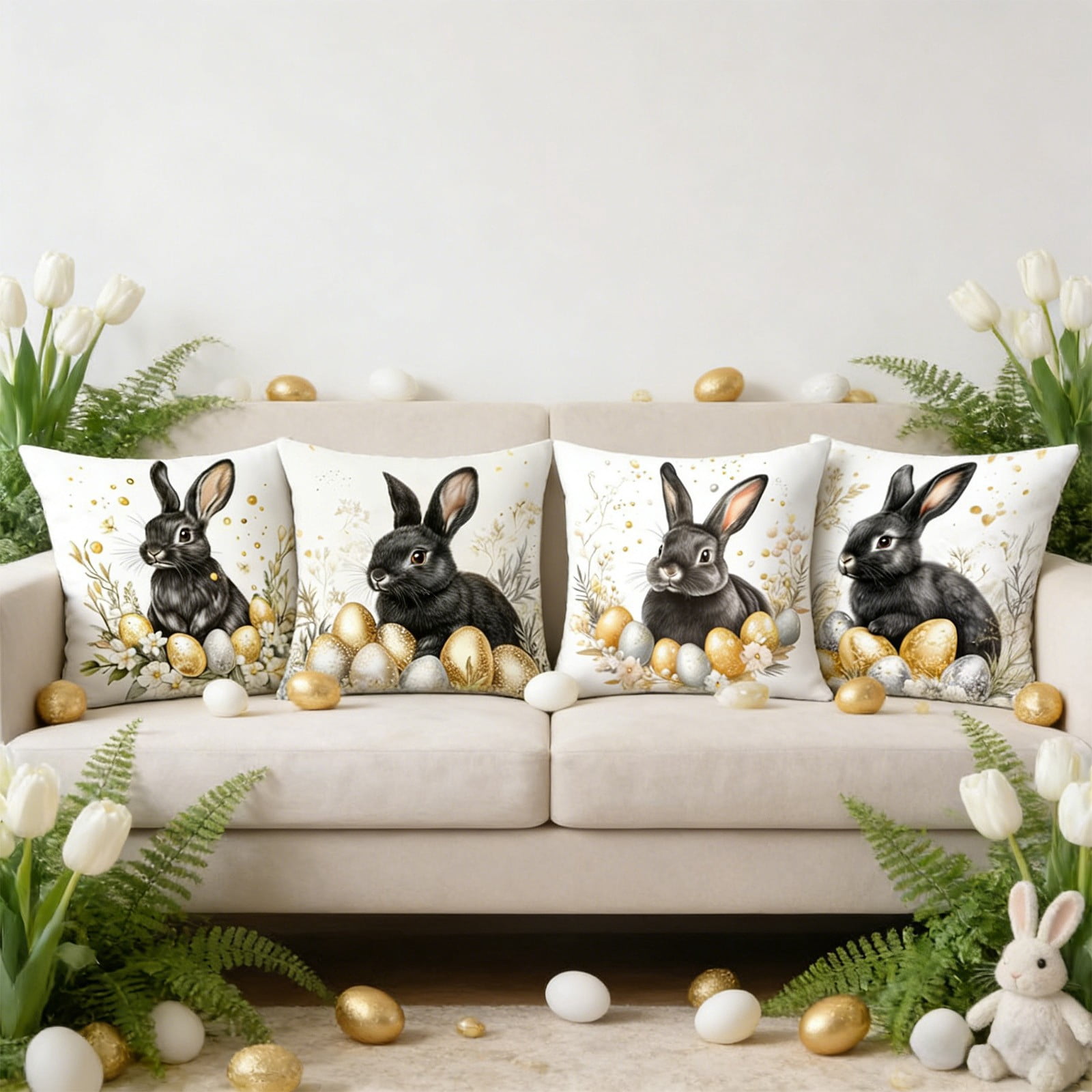 Set of 4 Easter Pillow Covers 18x18 Inches, Easter Bunny and Egg Patterns Soft Flannel Decorative Throw Pillow Covers for Sofa Couch Spring Home Decor