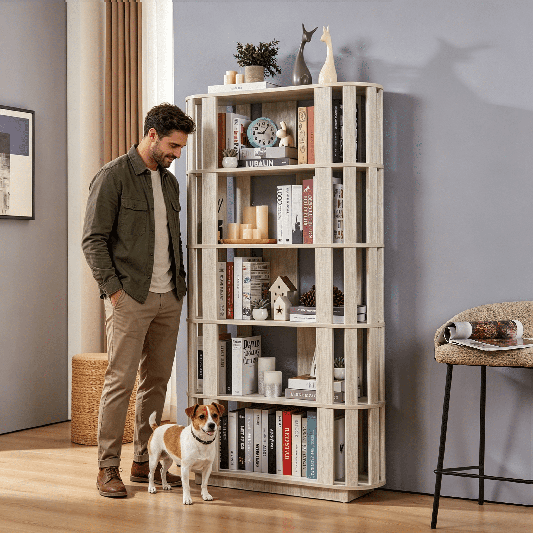 Wooden Oval Open Bookshelf, MDF Grid Frame Freestanding Bookcase, 5-Tier Easy Assembly Storage Display Rack for Living Room Home Office Decor, DIY Free Combination Storage Cabinet Study Room