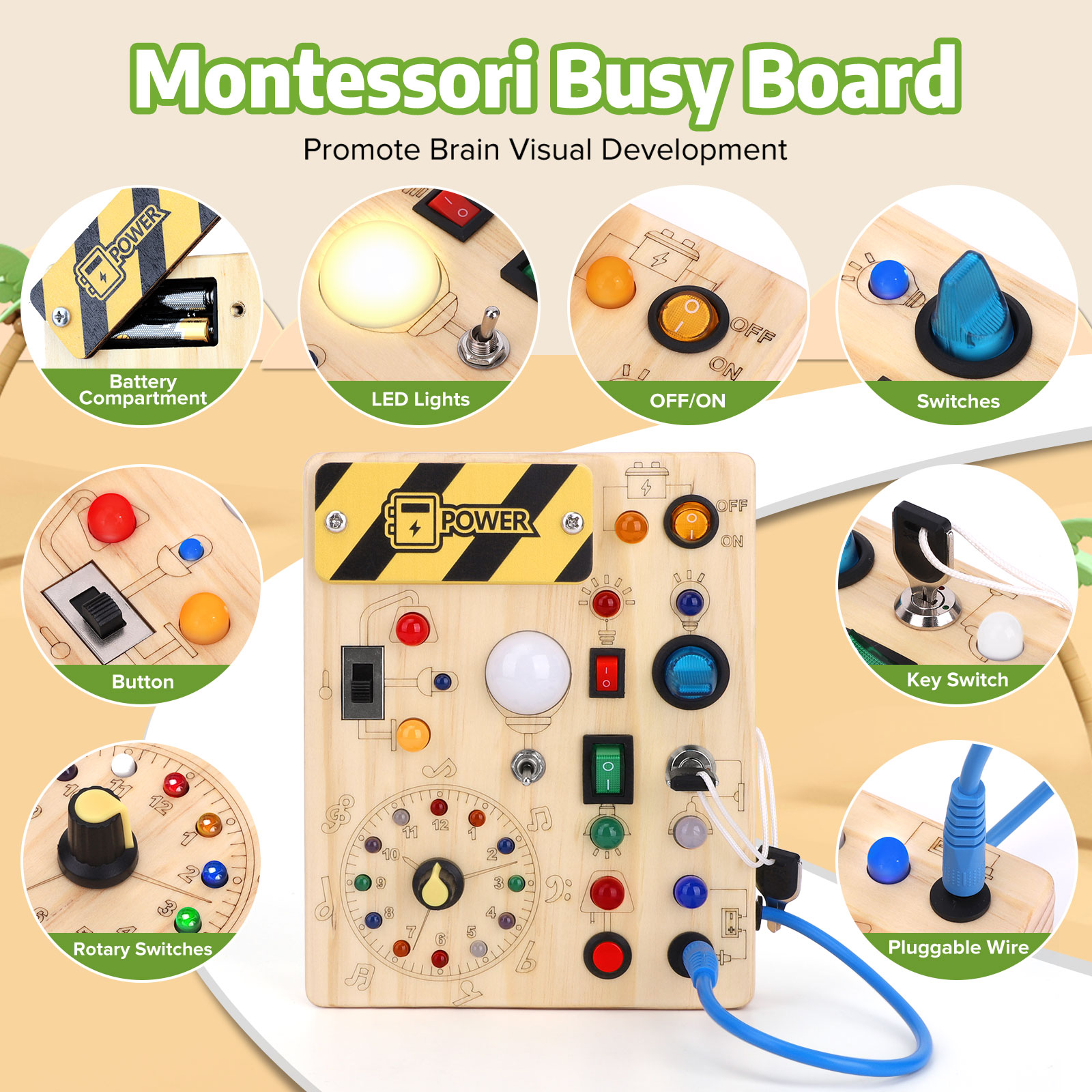 Sumsoltic Montessori Busy Board with LED Lights for 1+ Years