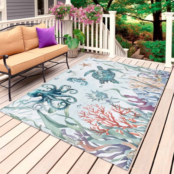 Teal Turtle Coastal Outdoor Rug 3x5 Ft, Non Slip Washable Area Rug, Octopus Coral Summer Beach Starfish Patio Rugs Carpet Runner, Large Floor Mat for Indoor/Outdoor Deck Porch Camping