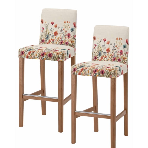 Pink Orange Teal Spring Floral Bar Stool Covers Set of 2, Watercolor Botanical Summer Flowers Stretch Bar Chair Covers with Backs, Removable Pub Counter Chair Cover for Kitchen Dining Room Cafe