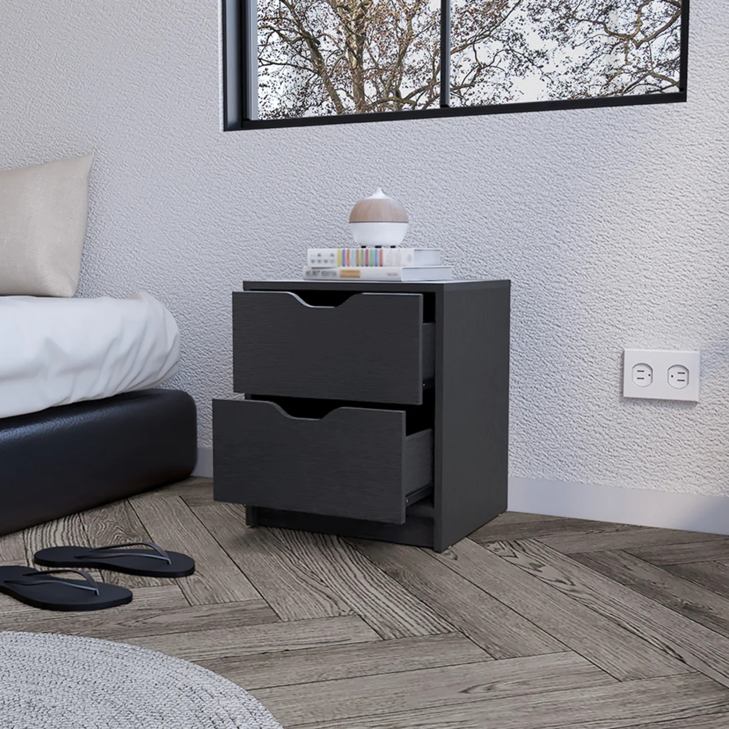 HomeRoots 19 in. Two Drawer Faux Wood Nightstand, Black