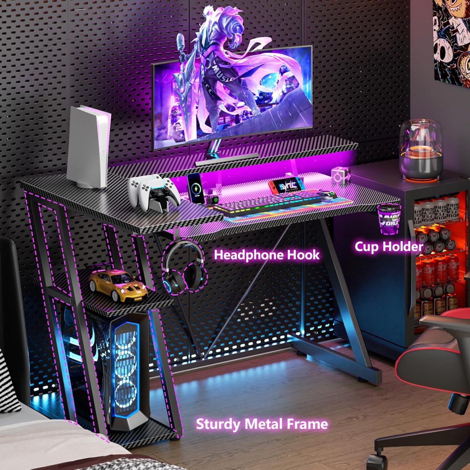 Librala 40 Inch Gaming Desk with Power Outlet & LED Lights, L Shaped Computer Gaming Table with 3 Tiers Storage Shelves, Corner Gamer Desk with Monitor Stand for Small Space, Carbon Fiber Black