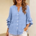 thumbnail image 7 of Xdegoge Linen Button Down Shirts for Women V Neck Three Quarter Ruffle Sleeve Elegant Workwear Going Out Relaxed Fit Solid Plain Design Flowy Stretchy Spring Tops, 7 of 7