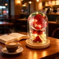 thumbnail image 5 of Qoosea Eternal Red Rose Bouquet in Glass Dome, 9 Pcs Artificial Flower with Fairy Lights Wood Base for Home Decor, Mothers Day Gifts for Mom, Birthday Gifts, 5 of 9