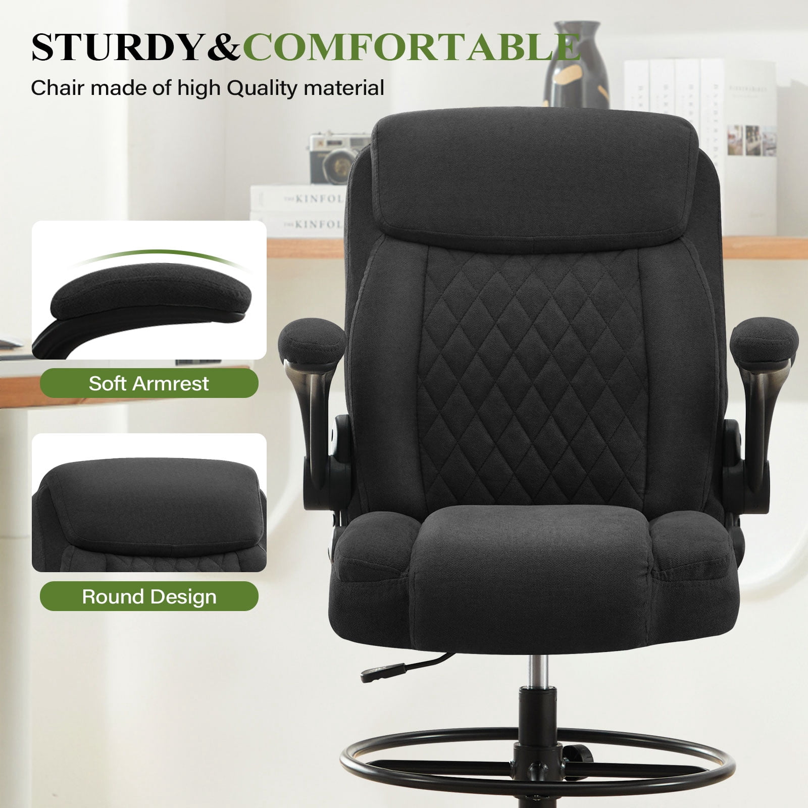 JONPONY Tall Office Chair for Standing Desk, Ergonomic High Office Chair with Adjustable Foot Ring, Flip-Up Armrests, Lumbar Support for Home office ,Black