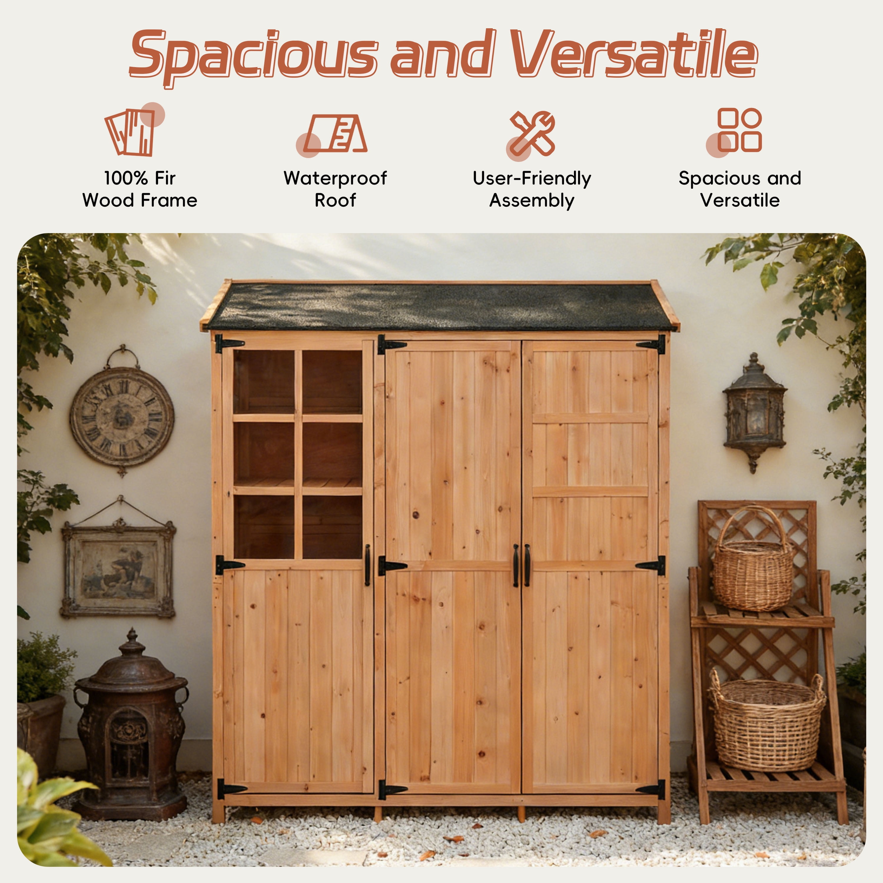 Harper & Bright Designs Patio Garden Shed Storage, Wood Outdoor Storage Cabine with Doors and Shelves Drawers, Tall Patio Shed with Workstation and Waterproof Roof for Backyard, Natural