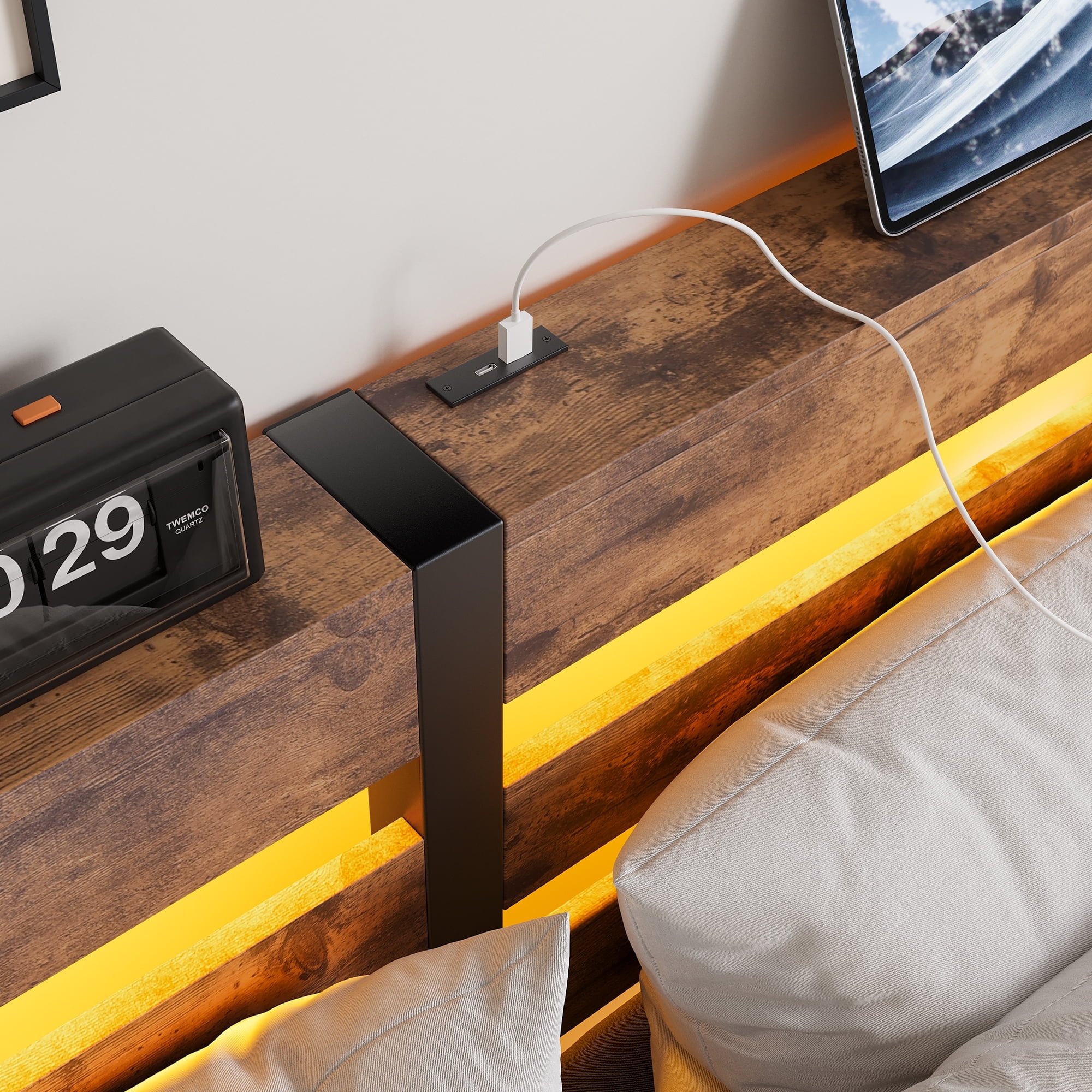 MAYEERTY Brown Queen Heavy Duty Bed: Headboard, USB Charging, LED Lighting, No Box Spring​