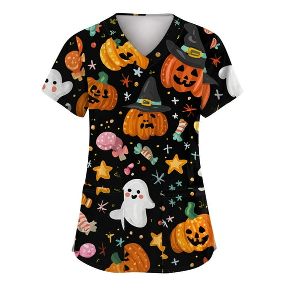 Homozy Halloween Scrub Tops for Women Plus Size Short Sleeve with Pockets Pumpkin Ghost Bat Graphic Nurse Working Uniform Navy 5XL