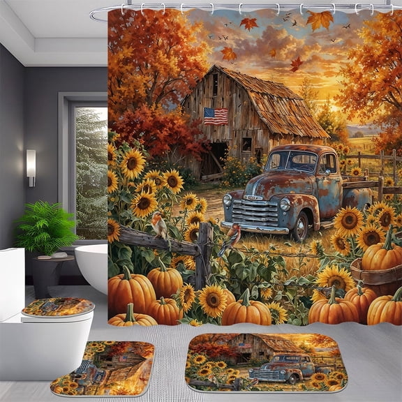 4 Pcs Autumn Sunflower Rustic Farmhouse Shower Curtain Set Vintage Truck Farm Maple Bathroom Decor