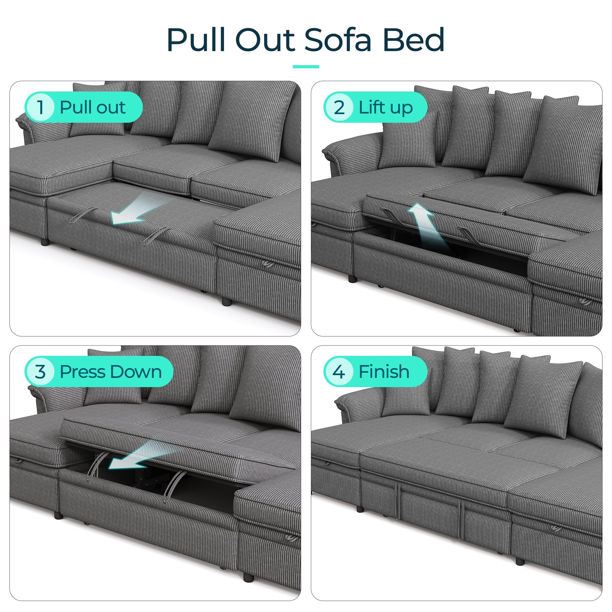 LINSY HOME Oversized 119" Sleeper Sofa Bed with Reversible Storage Chaise, Pull Out Couch Bed with USB, Side Pocket & Two Pillows, Grey