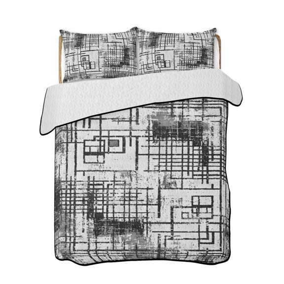 Twin XL Quilt Bedding Set, Blue Grey Geometric Reversible Summer Quilt 3 Pieces, Shabby Vintage Abstract Art Lightweight Bedspreads Coverlets with 2 Pillow Shams for All Seasons