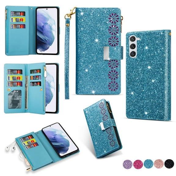 ELEHOLD for Samsung Galaxy S23 FE Stylish Flip Wallet Case,Bling Glitter Leather Zipper Pocket 9 Card Holders Stand Function Magnetic Clasp Detachable Lanyard Purse Case,Skyblue