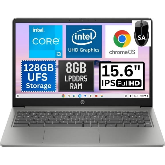 HP 15.6 FHD Premium AI Chromebook Plus, Intel i3 Processor 3.8GHz Turbo Speed, 8GB Ram, 128GB SSD, Ultra-Fast WiFi 6 Up to 9.6Gbps, SAM, Chrome OS, Dale Silver