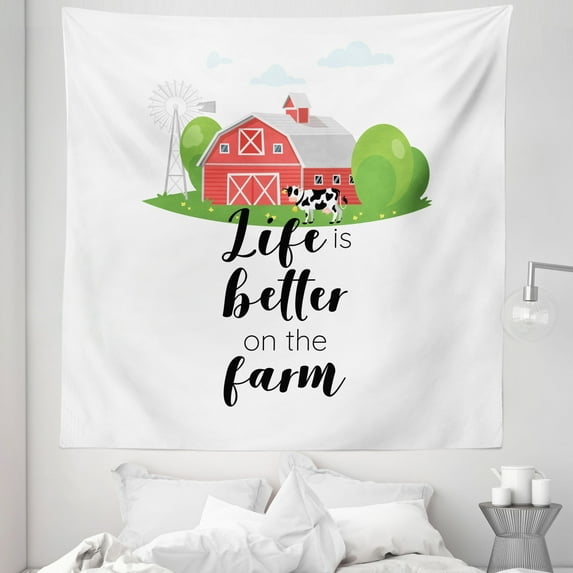Sayings Tapestry, Life is Better on the Farm Quiet Place Cow Grass Rural Lettering Style Illustration, Fabric Wall Hanging Decor for Bedroom Living Room Dorm, 5 Sizes, Multicolor, by Ambesonne
