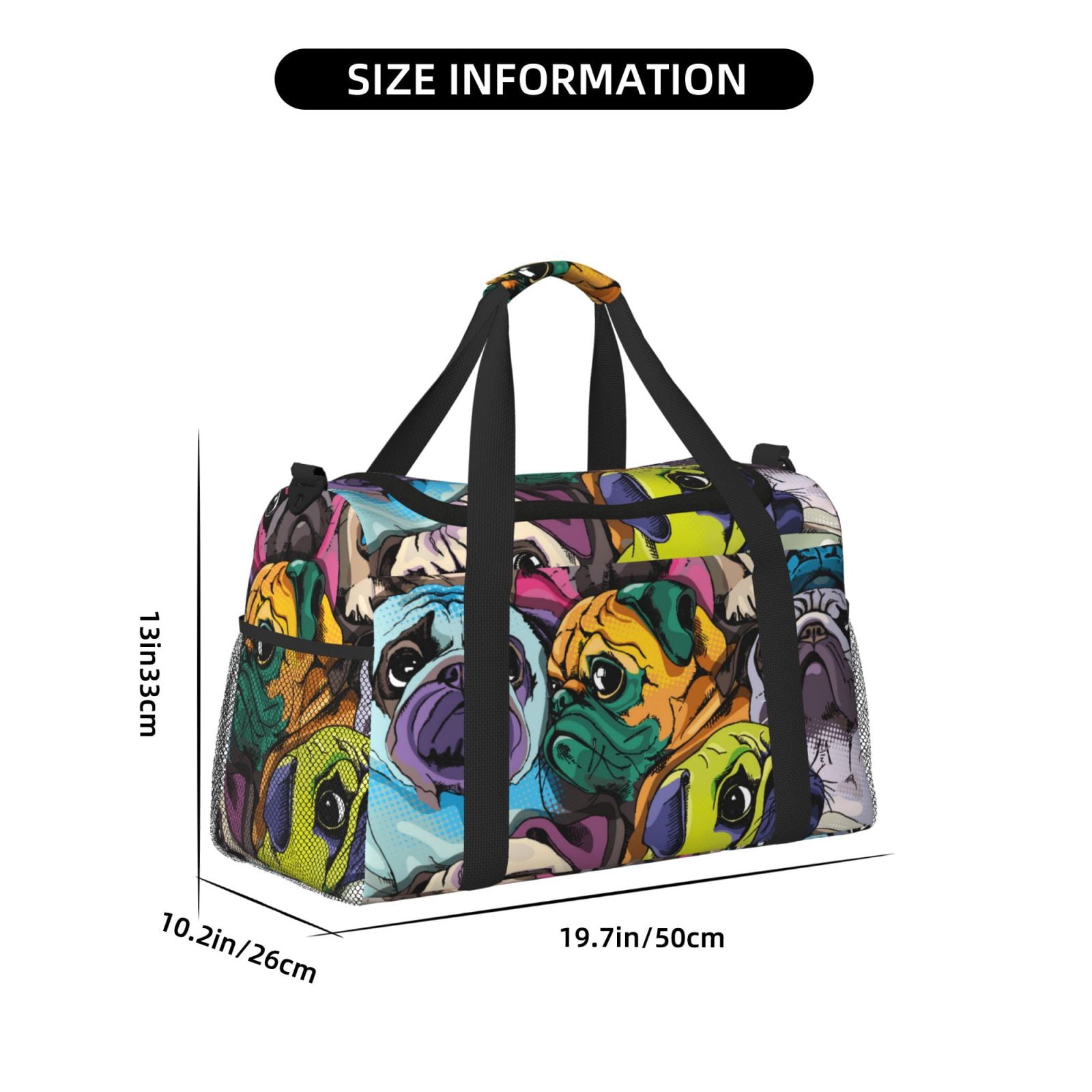 Ratiio Colorful Pug Pattern Hand Travel Bag, Weekender Carry On for Women Men, Sports Gym Bag, Workout Duffel Bag, Overnight Shoulder Bag fit 15.6 Inch Laptop