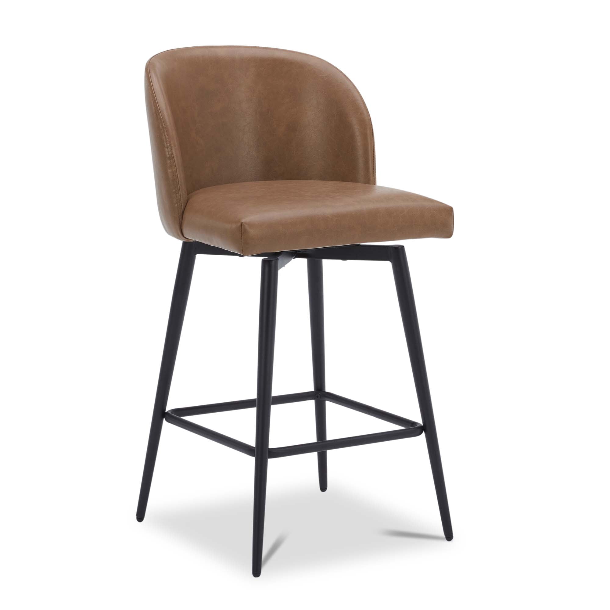 CHITA 27" Swivel Upholstered Counter Bar Stools set of 3 with Back & Metal Legs, Faux Leather in Saddle Brown