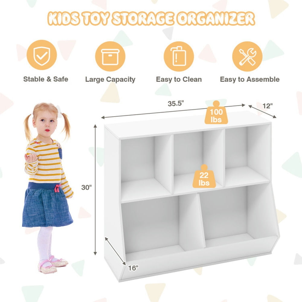 YYAo Kids Book Rack Storage Bookshelf, Toy Storage Organizer Bookshelf,5-Cube Wooden Kids Toy Storage Organizer with Anti-Tipping Kits-White