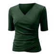 thumbnail image 4 of WTXUE Women's V Neck Tops Slim Fitted T-Shirt Front Wrap Ruched Short Sleeve Tee Shirts Trendy Tight Tank Tops Business Casual Work Blouses Going Out Tops Summer Tops Blackish Green L, 4 of 7