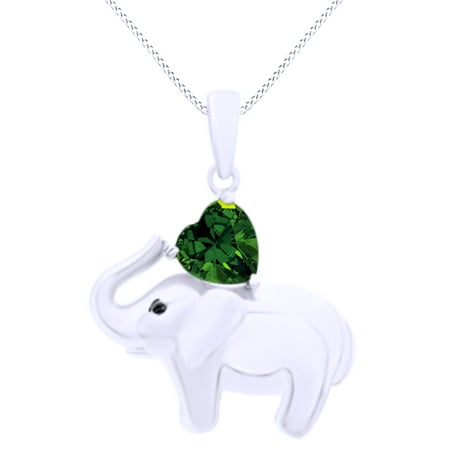 - Valentine's Day Elephant Pendant Necklace Heart Shaped Simulated Green Emerald CZ 14K White Gold Over Sterling Silver