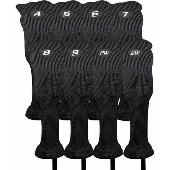 Majek All Hybrid Head Cover Golf Club Black Sleek Tight Fit Headcover Set 4-SW Acrylic Head Covers 4 5 6 7 8 9 PW SW Easy to See Large White Embroidered Numbers