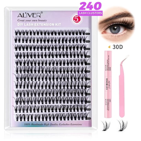 DIY Lash Extension Kit 240pcs Individual Lashes Cluster Eyelash Extension Kit 30D 9-16mm Mix Lash Clusters with Lash Bond and Seal and Lash Applicator Tool for Self Application at Home