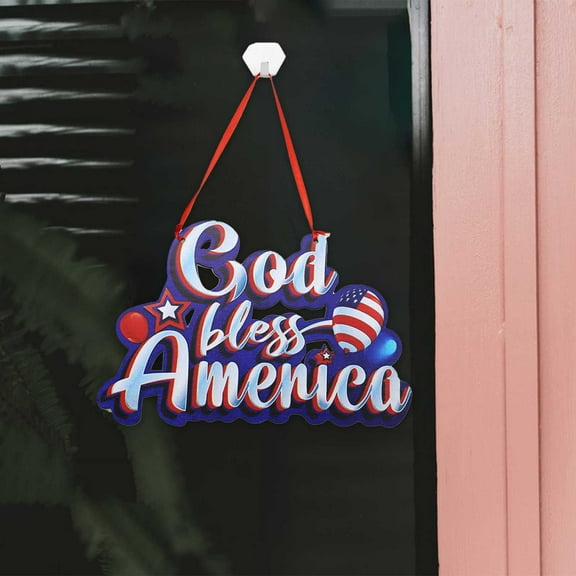 Usloyux 4th of July God Bless America Patriotic Sign for Front Door Decor, American Stars Stripes Wood Hanger for Outdoor Outside Porch, USA Memorial Day Wooden Wreath Indoor Wall Hanging Decoration