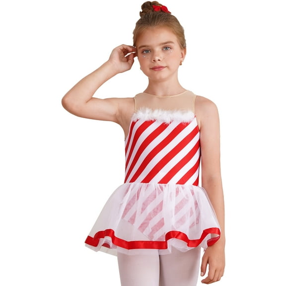 inhzoy Girls Kids Girls Miss Candy Cane Christmas Costume Stripe Ballet Figure Ice Skating Tutu Leotard Dress Red 6