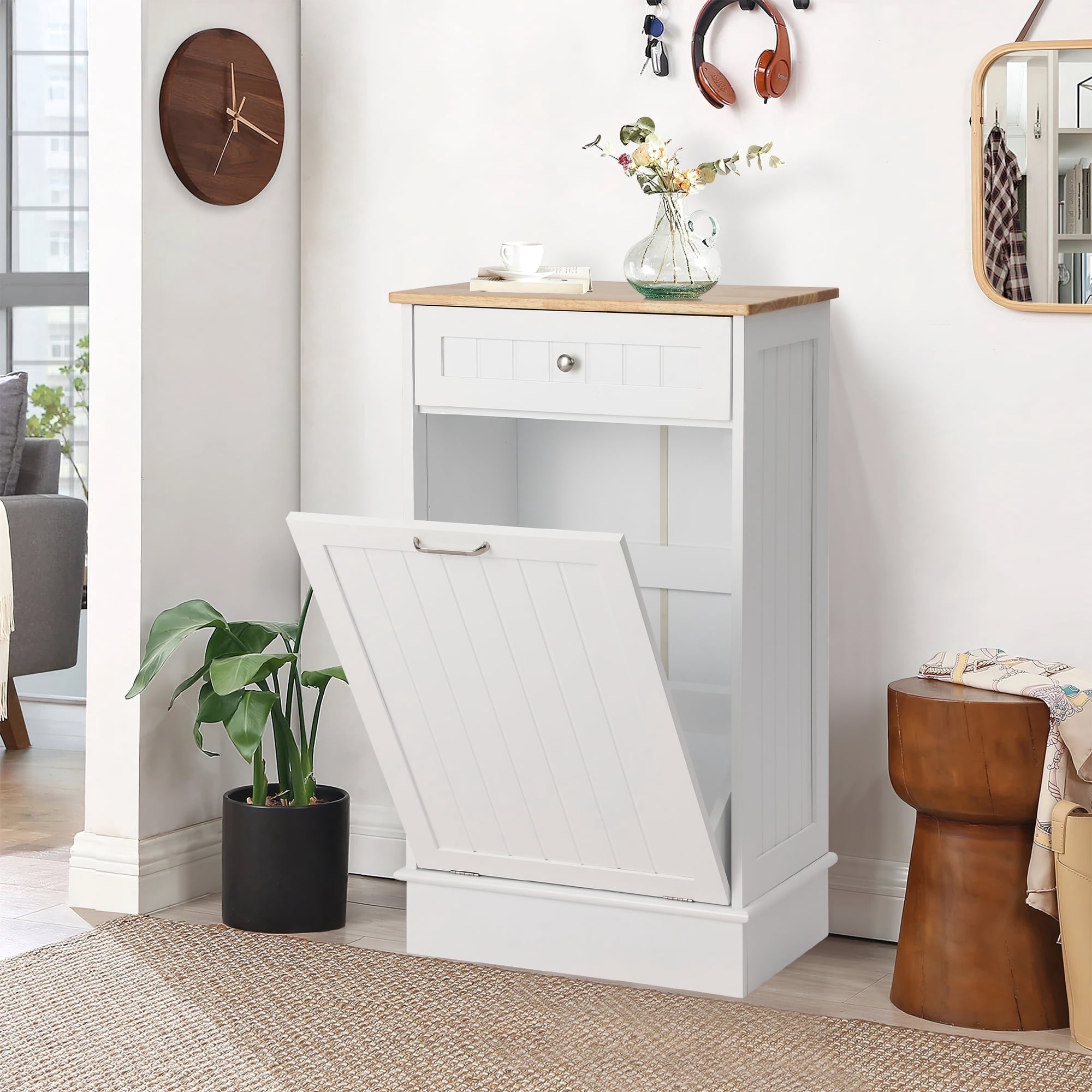 Kigoty Kitchen Trash Can Cabinet, 10 Gallon Tilt Out Trash Canbinet Wood Garbage Hamper Pet Proof, White