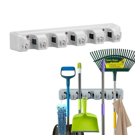 

Mop and Broom Holder Wall Mount - Broom Holder Wall Mounted Organizer Storage Rack for Garden Garage Tools and Laundry (5 Slots with 6 Hooks)