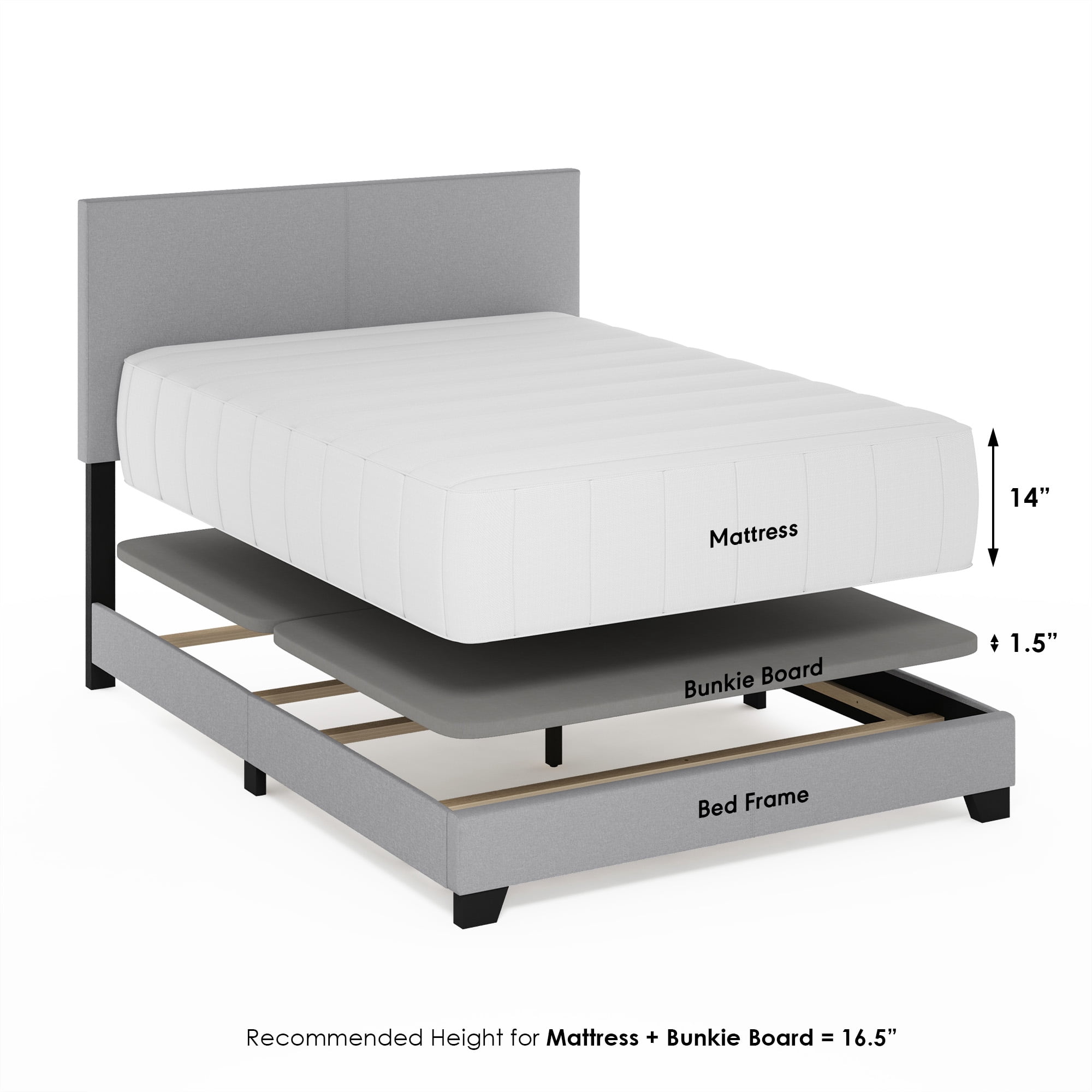 Furinno PESSAC Full Upholstered Bed Frame with Fabric Headboard and Wooden Slat Support, Light Grey
